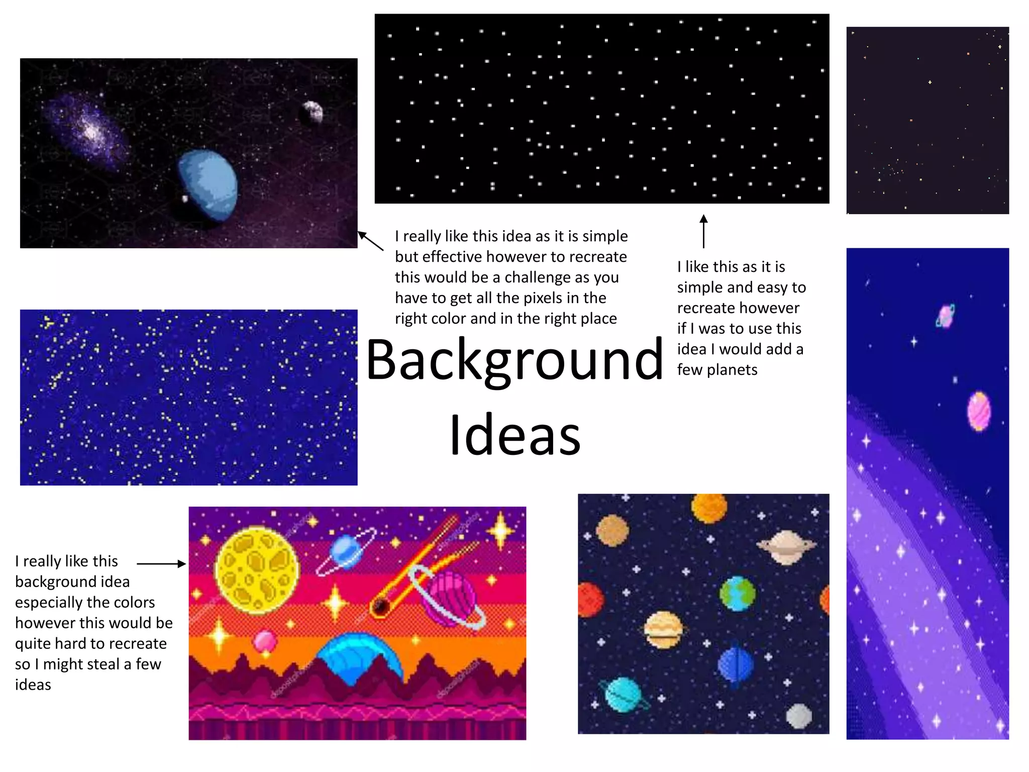Background
Ideas
I really like this
background idea
especially the colors
however this would be
quite hard to recreate
so I might steal a few
ideas
I like this as it is
simple and easy to
recreate however
if I was to use this
idea I would add a
few planets
I really like this idea as it is simple
but effective however to recreate
this would be a challenge as you
have to get all the pixels in the
right color and in the right place
 