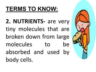 TERMS TO KNOW:
2. NUTRIENTS- are very
tiny molecules that are
broken down from large
molecules to be
absorbed and used by
body cells.
 