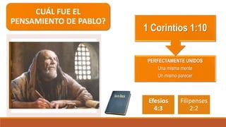 CUÁL FUE EL
PENSAMIENTO DE PABLO?
PERFECTAMENTE UNIDOS
Una misma mente
Un mismo parecer
1 Corintios 1:10
Efesios
4:3
Filipenses
2:2
 