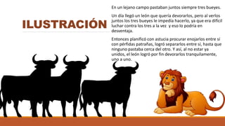 ILUSTRACIÓN
En un lejano campo pastaban juntos siempre tres bueyes.
Un día llegó un león que quería devorarlos, pero al verlos
juntos los tres bueyes le impedía hacerlo, ya que era difícil
luchar contra los tres a la vez y eso lo podría en
desventaja.
Entonces planificó con astucia procurar enojarlos entre sí
con pérfidas patrañas, logró separarlos entre sí, hasta que
ninguno pastaba cerca del otro. Y así, al no estar ya
unidos, el león logró por fin devorarlos tranquilamente,
uno a uno.
 