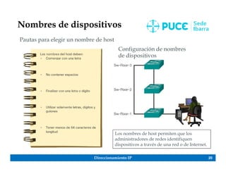 Direccionamiento IP 20
Nombres de dispositivos
Pautas para elegir un nombre de host
Configuración de nombres
de dispositivos
Los nombres de host permiten que los
administradores de redes identifiquen
dispositivos a través de una red o de Internet.
 