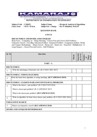 1
DEPARTMENT OF INFORMATION TECHNOLOGY
Subject Code : CS8451 Subject Name : Design & Analysis ofAlgorithms
Class/ Sem : II IT / II Sem Subject In – Charge : Dr. P. Subathra, Prof./IT
QUESTION BANK
UNIT II
BRUTE FORCE AND DIVIDE-AND-CONQUER
Brute Force – Computing an – String Matching - Closest-Pair and Convex-Hull Problems -
Exhaustive Search - Travelling Salesman Problem - Knapsack Problem - Assignment problem. Divide
and Conquer Methodology – Binary Search – Merge sort – Quick sort – Heap Sort - Multiplication of
Large Integers – Closest-Pair and Convex - Hull Problems.
Q. No Question
Marks
Knowled
geLevel
Number
of
Times
inAU
PART - A
BRUTE FORCE
1. Write the advantages of insertion sort. (R 13 NOV/ DEC 2017)
BRUTE FORCE - STRING MATCHING
2. Write the brute force algorithm to string matching. (R 17 APR/MAY2019)
BRUTE FORCE - CLOSEST-PAIRAND CONVEX-HULLPROBLEMS
3. What is the closest – pair problem? (R 13 MAY/JUN 2016)
What is closest-pair problem? (R 13 APR/MAY 2017)
What is the closest-pair problem? (R13 APR/MAY2019)
4. Write an algorithm for brute force closest- pair problem. (R 13 NOV/ DEC 2016)
EXHAUSTIVE SEARCH
5. What is an exhaustive search? (R13 APR/MAY2018)
DIVIDE AND CONQUERMETHODOLOGY
 