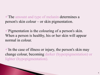 6
The amount and type of melanin determines a
person's skin colour – or skin pigmentation.
Pigmentation is the colouring of a person's skin.
When a person is healthy, his or her skin will appear
normal in colour.
In the case of illness or injury, the person's skin may
change colour, becoming darker (hyperpigmentation) or
lighter (hypopigmentation).
 