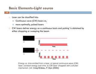  Laser can be classified into:
Continuous wave (CW) lasers or,
more optimally, pulsed lasers
 CW lasers deliver energy on a continuous basis and pulsing’ is obtained by
either chopping or sweeping the beam
Basic Elements-Light source
Energy vs. time emitted from a laser. a) typical continuous wave (CW)
laser; constant energy over time. b) CW laser 'chopped' with a shutter
mechanism. [ref. Craig Brideau, P. Stys (2009)]
16
 