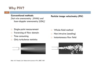Why PIV?
4
Conventional methods
[hot-wire anemometry (HWA) and
laser-doppler anemometry (LDA)]
 Single-point measurement
 Traversing of flow domain
 Time consuming
 Only turbulence statistics
Particle image velocimetry (PIV)
 Whole-field method
 Non-intrusive (seeding)
 Instantaneous flow field
z
After: A.K. Prasad, Lect. Notes short-course on PIV, JMBC 1997
 