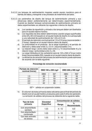 31
5.4.3.2 Los tanques de sedimentación mayores usarán equipo mecánico para el
barrido de lodos y transporte a los procesos de tratamiento de lodos.
5.4.3.3 Los parámetros de diseño del tanque de sedimentación primaria y sus
eficiencias deben preferentemente ser determinados experimentalmente.
Cuando se diseñen tanques convencionales de sedimentación primaria sin
datos experimentales se utilizarán los siguientes criterios de diseño:
a) Los canales de repartición y entrada a los tanques deben ser diseñados
para el caudal máximo horario.
b) Los requisitos de área deben determinarse usando cargas superficiales
entre 24 y 60 m/d basado en el caudal medio de diseño, lo cual equivale
a una velocidad de sedimentación de 1,00 a 2,5 m/h.
c) El período de retención nominal será de 1,5 a 2,5 horas (recomendable <
2 horas), basado en el caudal máximo diario de diseño.
d) La profundidad es el producto de la carga superficial y el período de
retención y debe estar entre 2 y 3,5 m. (recomendable 3 m).
e) La relación largo / ancho debe estar entre 3 y 10 (recomendable 4) y la
relación largo / profundidad entre 5 y 30.
f) La carga hidráulica en los vertederos será de 125 a 500 m
3
/d por metro
lineal (recomendable 250), basado en el caudal máximo diario de diseño.
g) La eficiencia de remoción del proceso de sedimentación puede estimarse
de acuerdo con la tabla siguiente:
Porcentaje de remoción recomendado
Período de retención
nominal (horas)
DBO 100 a 200 mg/l DBO 200 a 300 mg/l
DBO SS* DBO SS*
1,5 30 50 32 56
2,0 33 53 36 60
3,0 37 58 40 64
4,0 40 60 42 66
SS*= sólidos en suspensión totales.
h) El volumen de lodos primarios debe calcularse para el final del período de
diseño (con el caudal medio) y evaluarse para cada 5 años de operación.
La remoción de sólidos del proceso se obtendrá de la siguiente tabla:
Concentración de sólidos
Tipo de lodo
primario
Gravedad
Específica Rango
%
Recomendado
Con alcantarillado
sanitario
1,03 4 - 12 6,0
Con alcantarillado
combinado
1,05 4 - 12
6,5
Con lodo activado
de exceso
1,03 3 - 10
4,0
 