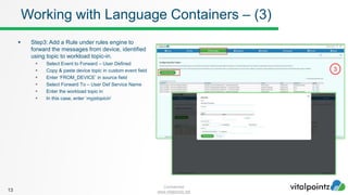 Confidential
www.vitalpointz.net
 Step3: Add a Rule under rules engine to
forward the messages from device, identified
using topic to workload topic-in.
 Select Event to Forward – User Defined
 Copy & paste device topic in custom event field
 Enter ‘FROM_DEVICE’ in source field
 Select Forward To – User Def Service Name
 Enter the workload topic in
 In this case, enter ‘myjstopicin’
13
Working with Language Containers – (3)
3
 