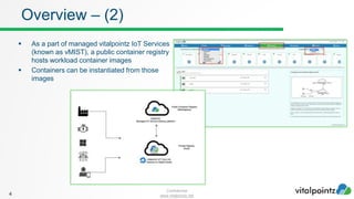 Confidential
www.vitalpointz.net
 As a part of managed vitalpointz IoT Services
(known as vMIST), a public container registry
hosts workload container images
 Containers can be instantiated from those
images
4
Overview – (2)
 