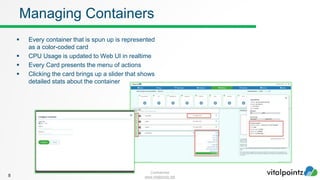 Confidential
www.vitalpointz.net
 Every container that is spun up is represented
as a color-coded card
 CPU Usage is updated to Web UI in realtime
 Every Card presents the menu of actions
 Clicking the card brings up a slider that shows
detailed stats about the container
8
Managing Containers
 