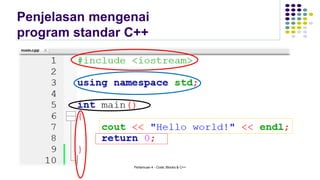 Penjelasan mengenai
program standar C++
Pertemuan 4 - Code::Blocks & C++
 