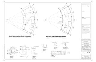 B
C
1
2
3
4
5
ESC. 1 : 40
PLANTA LOCALIZACIÓN DE COLUMNAS
( N.P.T.±0.00, N.T.C.-0.500)
C-1
PB-1
C-1
PB-1
C-1
PB-1
C-1
PB-1
C-1
PB-1
C-1
PB-1
C-1
PB-1
C-1
PB-1
C-1
PB-1
N.T.C.-0.050
3400
7694
2931
2910
2904
2900
1972
19862002
2009
R7095
3716
3585
3421
3484
350
175 175
40 135 135 40
350
175175
4013513540
P e=13L
COLUMNA C-1
OR 8"x8"x3/8"
5
(TIPO)
4 ANCLAS AN-1
~
TUERCA HEXAGONAL PESADA
ROLDANA PLANA ENDURECIDA
LC COLUMNA
LCCOLUMNA
LC COLUMNA
COLUMNA C-1
OR 8"x8"x3/8"
PLACA
BASE
e=13
50
GROUT
5
(TIPO)
4 ANCLAS AN-1
DADO
D-1
A
~
~
CORTE A
R=45
400
200
100
N.T.C.-0.150
N.T.C.-0.200
Ø=16
DETALLE 1
Placa base PB-1
Esc. 1 : 7.5
DETALLE 2
Ancla AN-1
Esc. 1 : 7.5
Redondo Liso (A-36)
TUERCA NIVELADORA
B
C
ESC. 1 : 40
ESTRUCTURACION DE MEZZANINE
(N.T.A.+4.190)
N.T.A.+4.190
W12X16
W12X16
W12X16
W12X16
W12X16
W12X16
W12X16
W12X16
W12X16W12X16
W12X16
L-1
L-1L-1
L-1
L-1
L-1L-1
L-1
(3 ESPACIO
S IG
UALES)
(3 ESPACIOS IGUALES)
PLACA ANTIDERRAPANTE
e=5 mm. (3/16")
~
BORDE DE
PLACA
1
2
3
4
5
2931
2910
2904
2900
3716
3400
W12X16
ES-03
CONEXIÓN 1
ES-03
CONEXIÓN 2
ES-03
CONEXIÓN 3
bf
d
tw
tf
Tabla de Perfiles
TABLA 1
d bf
TABLA 1 - TABLA DE PERFILES
tf twACEROPERFILMARCA
PERALTE PATÍN PATÍN ALMA
(mm)(mm)(mm)(mm)
PESO
(kg/m)
A-992 Gr. 50 305 6.8102 5.6W12X16 IR 305 X 23.9 kg/m 23.90
48.77
152
5.08
8.718.71
L-1
PLACA ANTIDERRAPANTE
e=5 mm. (3/16")
(TIPO)
5 150-150
DETALLE 4
Larguero L-1
Esc. 1 : 5
CE 6"x12.2 kg/m
DETALLE 5
Conexion Larguero-Placa
Esc. 1 : 5
N.T.A.+4.190
203
203
9.5
DETALLE 3
Columna C-1
OR 8"x8"x3/8"
C:UsersADMINISTRATIVODesktopESCARPIOISSEMYMOncología2ES-02_revA.dwg;Fri,30Aug2019-11:07am
CROQUIS DE LOCALIZACIÓN
PROPIETARIO:
UBICACIÓN:
DIBUJO:
TIPO:
CORTE ESQUEMÁTICO:
PLANO:
ACOTACIÓN:
FECHA:
DISEÑO ARQUITECTÓNICO:
SIMBOLOGÍA
NOTAS
ESTRUCTURAL
MM
ESCALA:
R.N.J. JULIO-2019
DISEÑO ESTRUCTURAL:
ING. LUIS EDGAR GONZÁLEZ PÉREZ
TABLA DE REVISIONES
REVISIÓN DESCRIPCIÓN FECHA
REVISIÓN:
VARIABLE
A
PLANTA LOCALIZACIÓN DE COLUMNAS,
Y ESTRUCTURACIÓN DE MEZZANINE
TOLUCA, ESTADO DE MÉXICO
ES-02
Nivel Tope de ConcretoN.T.C.
A EMITIDO PARA REVISIÓN Y/O APROBACIÓN 01-JULIO-2019
CED. PROF. : 4583282
Nivel Tope de AceroN.T.A.
1. Ver notas generales del proyecto en plano ES-00
2. Acotaciones en milímetros, a menos que se indique otra unidad.
3. Niveles en metros.
4. Rigen cotas y niveles sobre el dibujo.
5. Todas las acotaciones, paños, ejes y niveles deberán verificarse con el
proyecto arquitectónico, así como con los planos de otras disciplinas, guías
mecánicas o condiciones particulares de la obra en campo.
6. Materiales:
a) Perfiles OR de acero A-36, Fy = 2,530 kg/cm²
b) Perfiles CE, placas, ángulos y redondos lisos (OC) de acero
A-36, Fy = 2,530 kg/cm²
c) Tornillos tipo A-325 N con tuerca hexagonal pesada A-194.
d) Soldaduras Serie E-70XX, según especificaciones A. W. S.
7. La designación de los perfiles corresponde a la del Instituto Mexicano de la
Construcción en Acero A. C. (IMCA).
8. Estos planos sólo muestran la geometría básica de la estructura, perfiles y
conexiones típicas, no son planos de taller.
9. Toda la estructura deberá estar protegida con pintura anticorrosiva. Si ésta
se daña durante el transporte y/o montaje, tendrá que ser restaurada
inmediatamente después de concluido el montaje
CENTRO ONCOLÓGICO ESTATAL
INSTITUTO DE SEGURIDAD SOCIAL
DEL ESTADO DE MEXICO Y MUNICIPIOS
PROYECTO:
 