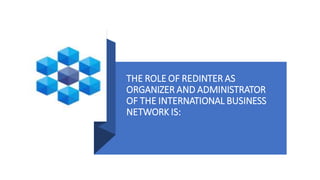 THE ROLE OF REDINTER AS
ORGANIZER AND ADMINISTRATOR
OF THE INTERNATIONAL BUSINESS
NETWORK IS:
 