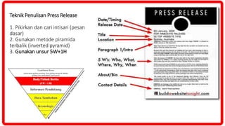 Teknik Penulisan Press Release
1. Pikirkan dan cari intisari (pesan
dasar)
2. Gunakan metode piramida
terbalik (inverted pyramid)
3. Gunakan unsur 5W+1H
 