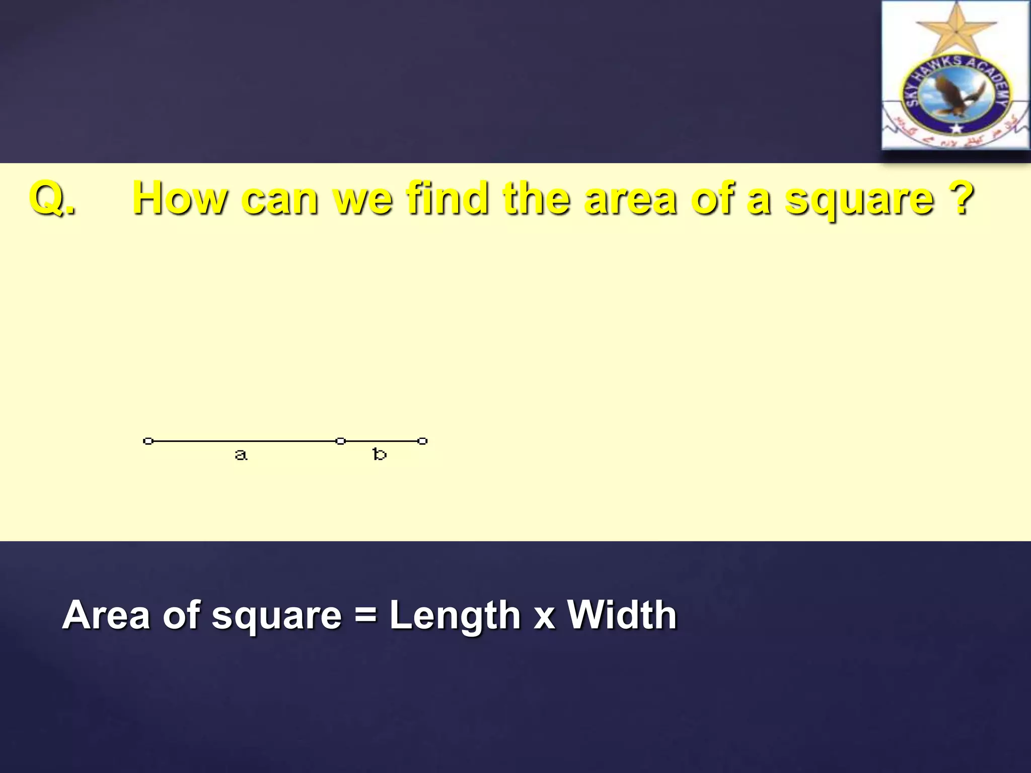Q. How can we find the area of a square ?
Area of square = Length x Width
 