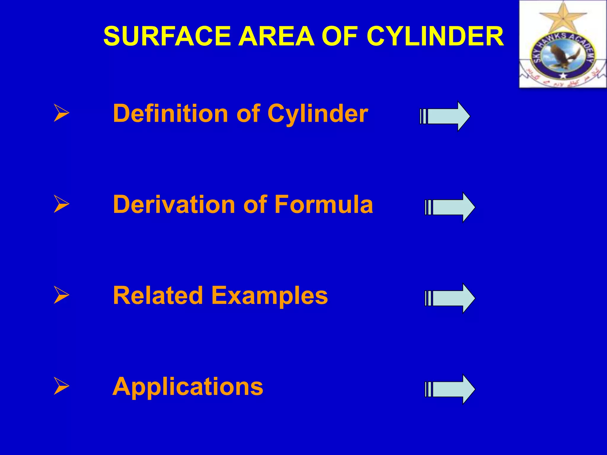  Definition of Cylinder
 Derivation of Formula
 Related Examples
 Applications
SURFACE AREA OF CYLINDER
 