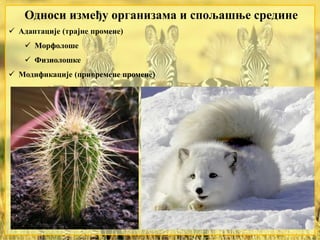Односи између организама и спољашње средине
 Адаптације (трајне промене)
 Морфолоше
 Физиолошке
 Модификације (привремене промене)
 