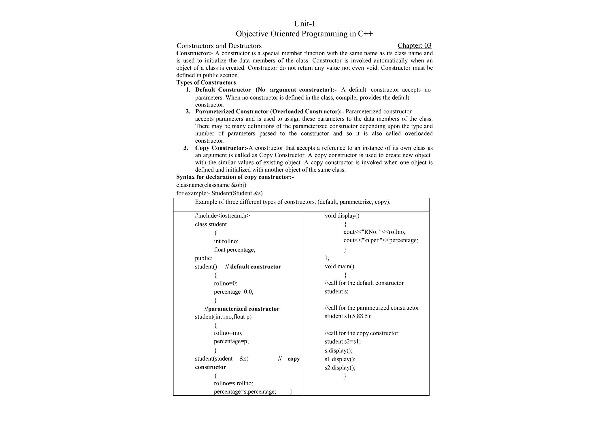 Unit-I
Objective Oriented Programming in C++
Constructors and Destructors Chapter: 03
Constructor:- A constructor is a special member function with the same name as its class name and
is used to initialize the data members of the class. Constructor is invoked automatically when an
object of a class is created. Constructor do not return any value not even void. Constructor must be
defined in public section.
Types of Constructors
1. Default Constructor (No argument constructor):- A default constructor accepts no
parameters. When no constructor is defined in the class, compiler provides the default
constructor.
2. Parameterized Constructor (Overloaded Constructor):- Parameterized constructor
accepts parameters and is used to assign these parameters to the data members of the class.
There may be many definitions of the parameterized constructor depending upon the type and
number of parameters passed to the constructor and so it is also called overloaded
constructor.
3. Copy Constructor:-A constructor that accepts a reference to an instance of its own class as
an argument is called as Copy Constructor. A copy constructor is used to create new object
with the similar values of existing object. A copy constructor is invoked when one object is
defined and initialized with another object of the same class.
Syntax for declaration of copy constructor:-
classname(classname &obj)
for example:- Student(Student &s)
Example of three different types of constructors. (default, parameterize, copy).
#include<iostream.h>
class student
{
int rollno;
float percentage;
public:
student() // default constructor
{
rollno=0;
percentage=0.0;
}
//parameterized constructor
student(int rno,float p)
{
rollno=rno;
percentage=p;
}
student(student &s) // copy
constructor
{
rollno=s.rollno;
percentage=s.percentage; }
void display()
{
cout<<"RNo. "<<rollno;
cout<<"n per "<<percentage;
}
};
void main()
{
//call for the default constructor
student s;
//call for the parametrized constructor
student s1(5,88.5);
//call for the copy constructor
student s2=s1;
s.display();
s1.display();
s2.display();
}
 
