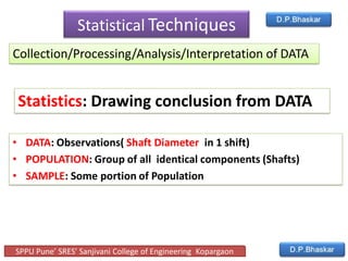 • DATA: Observations( Shaft Diameter in 1 shift)
• POPULATION: Group of all identical components (Shafts)
• SAMPLE: Some portion of Population
Statistical Techniques
Collection/Processing/Analysis/Interpretation of DATA
Statistics: Drawing conclusion from DATA
SPPU Pune’ SRES’ Sanjivani College of Engineering Kopargaon
 
