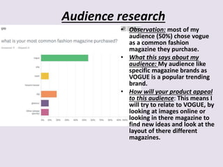 Audience research
• Observation: most of my
audience (50%) chose vogue
as a common fashion
magazine they purchase.
• What this says about my
audience: My audience like
specific magazine brands as
VOGUE is a popular trending
brand.
• How will your product appeal
to this audience: This means I
will try to relate to VOGUE, by
looking at images online or
looking in there magazine to
find new ideas and look at the
layout of there different
magazines.
 