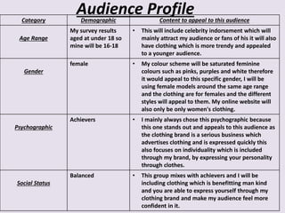 Audience ProfileCategory Demographic Content to appeal to this audience
Age Range
My survey results
aged at under 18 so
mine will be 16-18
• This will include celebrity indorsement which will
mainly attract my audience or fans of his it will also
have clothing which is more trendy and appealed
to a younger audience.
Gender
female • My colour scheme will be saturated feminine
colours such as pinks, purples and white therefore
it would appeal to this specific gender, I will be
using female models around the same age range
and the clothing are for females and the different
styles will appeal to them. My online website will
also only be only women's clothing.
Psychographic
Achievers • I mainly always chose this psychographic because
this one stands out and appeals to this audience as
the clothing brand is a serious business which
advertises clothing and is expressed quickly this
also focuses on individuality which is included
through my brand, by expressing your personality
through clothes.
Social Status
Balanced • This group mixes with achievers and I will be
including clothing which is benefitting man kind
and you are able to express yourself through my
clothing brand and make my audience feel more
confident in it.
 