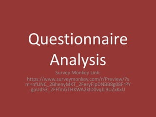 Questionnaire
Analysis
Survey Monkey Link:
https://www.surveymonkey.com/r/Preview/?s
m=nfUNC_2BhenyMKT_2FesyFlpDNBB8g08FrPY
gpUdS3_2FFfmGTHKWA2klD0vqJL9UZxKxU
 