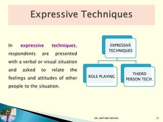 In expressive techniques,
respondents are presented
with a verbal or visual situation
and asked to relate the
feelings and attitudes of other
people to the situation.
EXPRESSIVE
TECHNIQUES
ROLE PLAYING
THIERD
PERSON TECH.
DR. AMITABH MISHRA 57
 