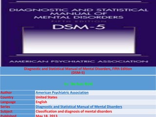 Diagnostic and Statistical Manual of Mental Disorders, Fifth Edition
(DSM-5)
by Burhan Hadi
Author American Psychiatric Association
Country United States
Language English
Series Diagnostic and Statistical Manual of Mental Disorders
Subject Classification and diagnosis of mental disorders
 