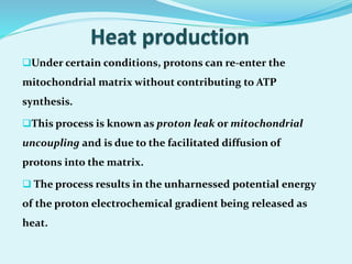 Under certain conditions, protons can re-enter the
mitochondrial matrix without contributing to ATP
synthesis.
This process is known as proton leak or mitochondrial
uncoupling and is due to the facilitated diffusion of
protons into the matrix.
 The process results in the unharnessed potential energy
of the proton electrochemical gradient being released as
heat.
 