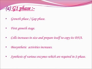 (a) G1 phase :-
• Growth phase / Gap phase.
• First growth stage.
• Cells increases in size and prepare itself to copy its DNA.
• Biosynthetic activities increases.
• Synthesis of various enzymes which are required in S-phase.
 