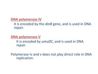 DNA polymerase IV
It is encoded by the dinB gene, and is used in DNA
repair.
DNA polymerase V
It is encoded by umuDC, and is used in DNA
repair.
Polymerase Iv and v does not play direct role in DNA
replication.
 