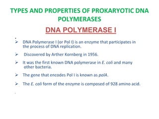 TYPES AND PROPERTIES OF PROKARYOTIC DNA
POLYMERASES
DNA POLYMERASE I
.
 DNA Polymerase I (or Pol I) is an enzyme that participates in
the process of DNA replication.
 Discovered by Arther Kornberg in 1956.
 It was the first known DNA polymerase in E. coli and many
other bacteria.
 The gene that encodes Pol I is known as polA.
 The E. coli form of the enzyme is composed of 928 amino acid.
.
 