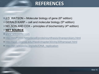 REFERENCES
 J.D. WATSON – Molecular biology of gene (6th edition)
 GERALD KARP – cell and molecular biology (5th edition)
 NELSON AND COX – principles of biochemistry (4th edition)
 NET SOURCE
 www.wikipedia.com
 http://staff.jccc.net/pdecell/proteinsynthesis/dnareprokary.html
 http://web.virginia.edu/Heidi/chapter30/chp30frameset.html
 http://en.wikipedia.org/wiki/DNA_replication
Slide 15
 