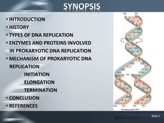 SYNOPSIS
 INTRODUCTION
 HISTORY
 TYPES OF DNA REPLICATION
 ENZYMES AND PROTEINS INVOLVED
IN PROKARYOTIC DNA REPLICATION
 MECHANISM OF PROKARYOTIC DNA
REPLICATION
INITIATION
ELONGATION
TERMINATION
 CONCLUSION
 REFERENCES
Slide 2
 