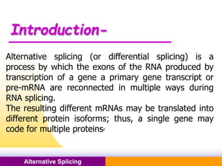 Pacific Networks Pacific Networks
Introduction-
Alternative Splicing
Alternative splicing (or differential splicing) is a
process by which the exons of the RNA produced by
transcription of a gene a primary gene transcript or
pre-mRNA are reconnected in multiple ways during
RNA splicing.
The resulting different mRNAs may be translated into
different protein isoforms; thus, a single gene may
code for multiple proteins.
 