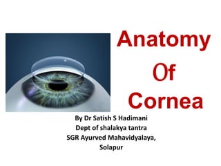 Anatomy
Of
Cornea
By Dr Satish S Hadimani
Dept of shalakya tantra
SGR Ayurved Mahavidyalaya,
Solapur
 