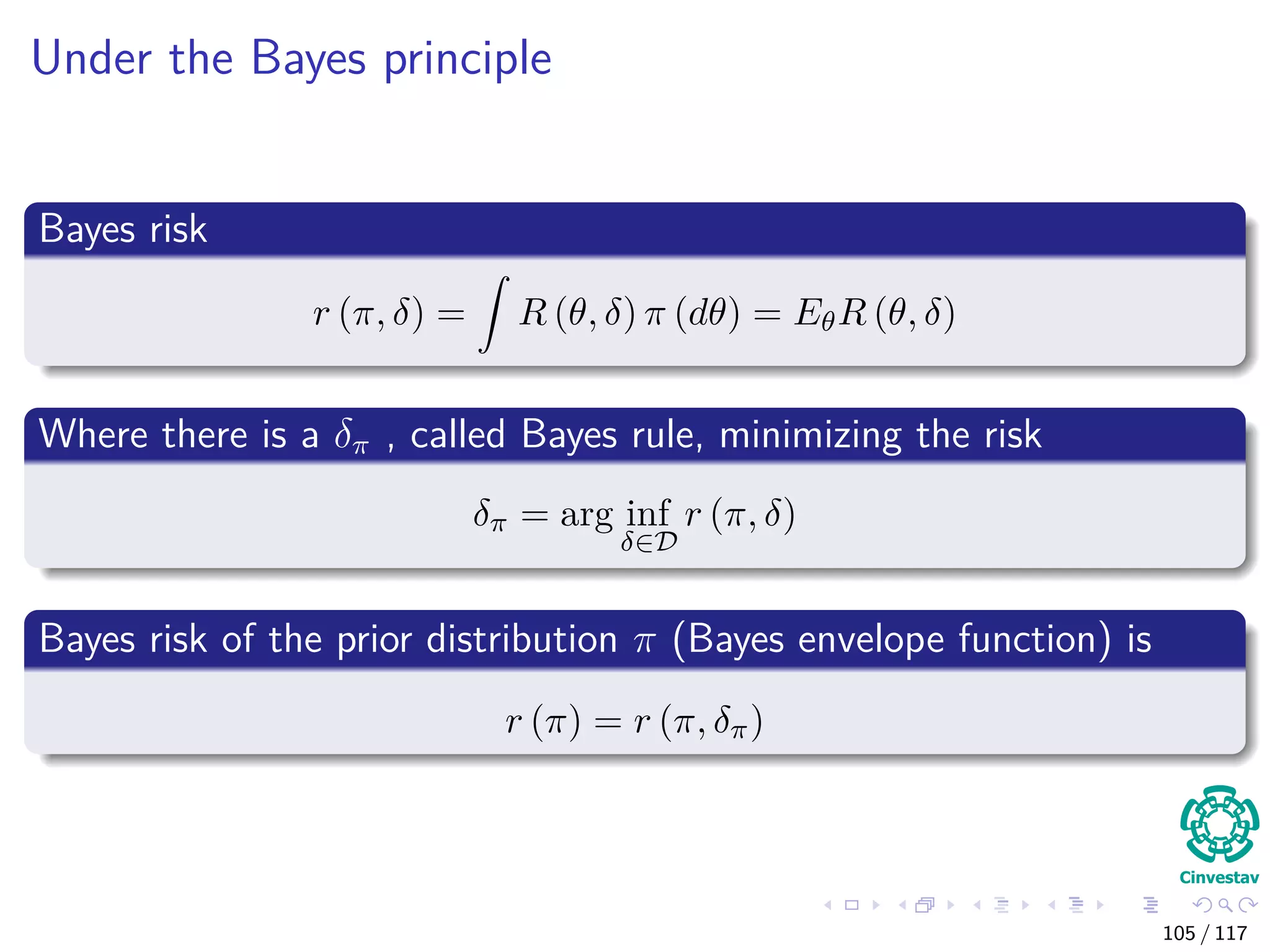 Under the Bayes principle
Bayes risk
r (π, δ) = R (θ, δ) π (dθ) = EθR (θ, δ)
Where there is a δπ , called Bayes rule, minimizing the risk
δπ = arg inf
δ∈D
r (π, δ)
Bayes risk of the prior distribution π (Bayes envelope function) is
r (π) = r (π, δπ)
105 / 117
 