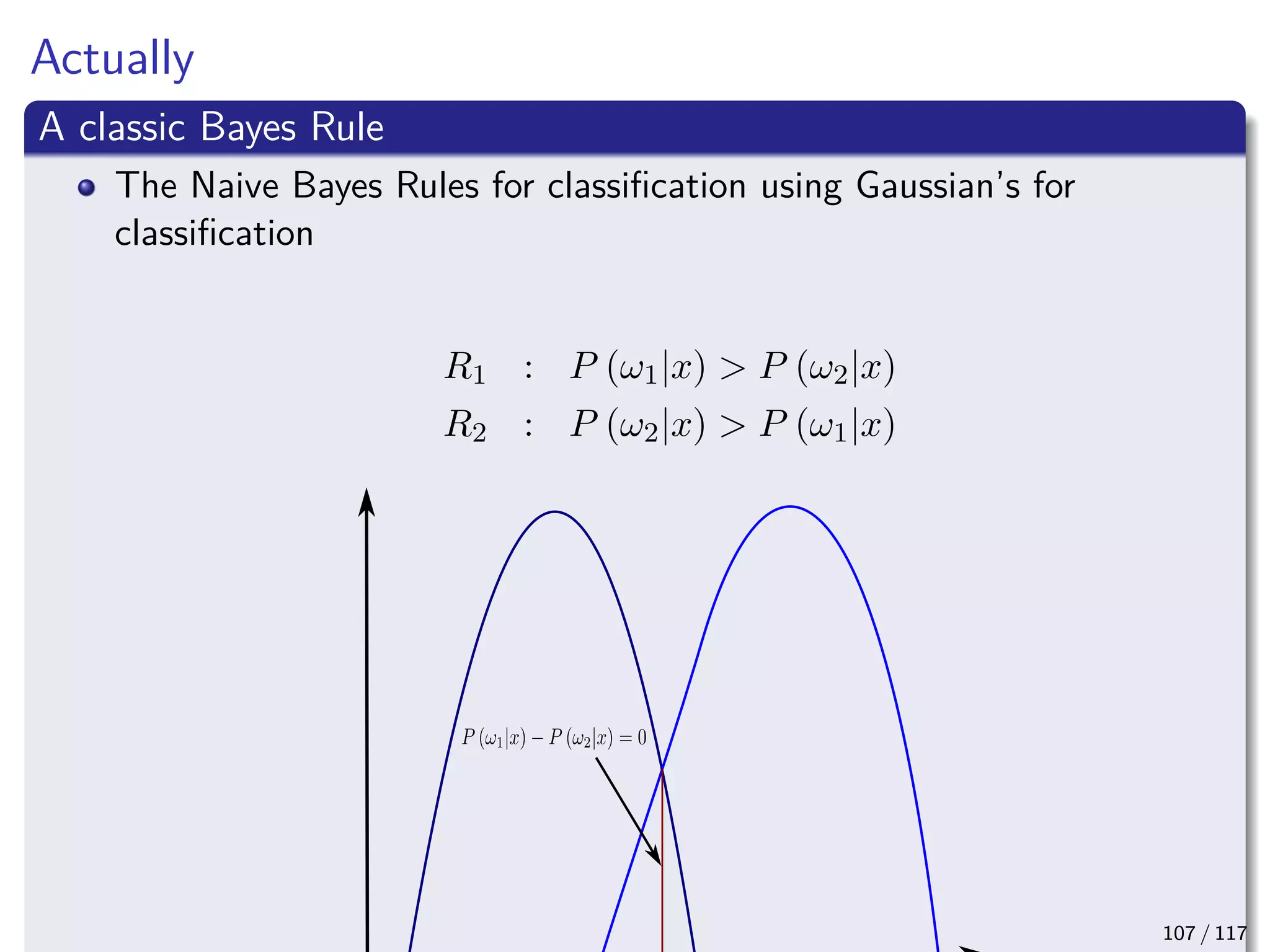 Actually
A classic Bayes Rule
The Naive Bayes Rules for classiﬁcation using Gaussian’s for
classiﬁcation
R1 : P (ω1|x) > P (ω2|x)
R2 : P (ω2|x) > P (ω1|x)
107 / 117
 