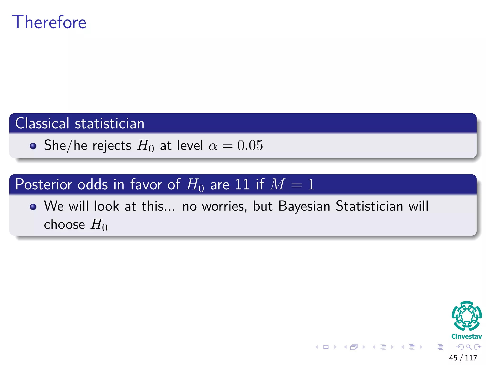 Therefore
Classical statistician
She/he rejects H0 at level α = 0.05
Posterior odds in favor of H0 are 11 if M = 1
We will look at this... no worries, but Bayesian Statistician will
choose H0
45 / 117
 