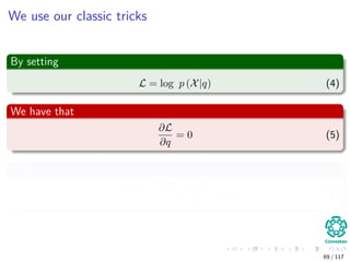 We use our classic tricks
By setting
L = log p (X|q) (4)
We have that
∂L
∂q
= 0 (5)
Thus
nPRI
q
−
(N − nPRI)
(1 − q)
= 0 (6)
69 / 117
 