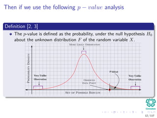 Then if we use the following p − value analysis
Deﬁnition [2, 3]
The p-value is deﬁned as the probability, under the null hypothesis H0
about the unknown distribution F of the random variable X.
Very Unlike
Observation
Very Unlike
Observation
P-Value
More Likely Observation
Set of Possible Results
ProbabilityDensity
Observed
Data Point
12 / 117
 