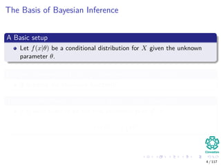 The Basis of Bayesian Inference
A Basic setup
Let f(x|θ) be a conditional distribution for X given the unknown
parameter θ.
For the observed data, X = x, the function (θ) = f(x|θ)
It is called the likelihood function!!!
The name likelihood implies that, given x, the value of θ
It is more likely to be the true parameter than θ , if
f (x|θ) > f x|θ
4 / 117
 
