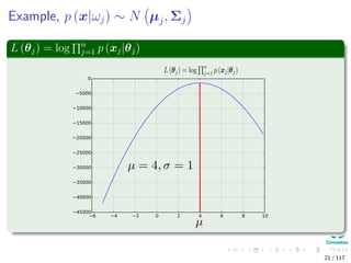 Example, p (x|ωj) ∼ N µj, Σj
L (θj) = log n
j=1 p (xj|θj)
21 / 117
 