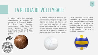 El primer balón fue diseñado
especialmente a petición de
Morgan por la firma A.G. Spalding
& Bros. de Chicopee,
Massachusetts. Estaba hecha de
cuero genuino con una
circunferencia de 65 cm. El peso
medio de la pelota es de 270
gramos.
LAPELOTADEVOLLEYBALL:
El material sintético se introdujo por
primera vez a principios del siglo XX. El
objetivo era reducir los factores del
arnés que una superficie de cuero
natural puede desarrollar con el tiempo.
El cuero sintético también aumentó la
vida útil de la pelota y mantuvo la
presión del aire durante mucho tiempo.
Con el tiempo los colores fueron
cambiando las pelotas pueden
tener hasta 3 colores blanco es el
más común y los otros de
cualquier color sea verde rojo y
amarillo . Tienen un tamaño de 25
a 26 pulgadas. y su peso a
cambiado muy poco .
K
 