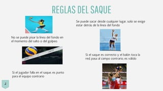 REGLASDELSAQUE
Se puede sacar desde cualquier lugar, solo se exige
estar detrás de la línea del fondo
Si el saque es correcto y el balón toca la
red, pasa al campo contrario, es válido
No se puede pisar la línea del fondo en
el momento del salto o del golpeo.
Si el jugador falla en el saque, es punto
para el equipo contrario
J
 