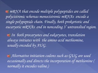 mRNA that encode multiple polypeptides are called
polycistronic whereas monocistronic mRNAs encode a
single polypeptide chain. Finally, both prokartotic and
eucaryotic mRNAs end in noncoding 3’ untranslted region.
In both procaryotes and eukaryotes, translation
always initiates with the amino acid methiomine,
usually encoded by AUG.
Alternative initiation codons such as GUG are used
occasionally and directs the incorporation of methionine (
normally it encodes valine.)
 