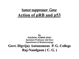 tumor suppressor Gene
Action of pRB and p53
1
By
KAUSHAL KUMAR SAHU
Assistant Professor (Ad Hoc)
Department of Biotechnology
Govt. Digvijay Autonomous P. G. College
Raj-Nandgaon ( C. G. )
 