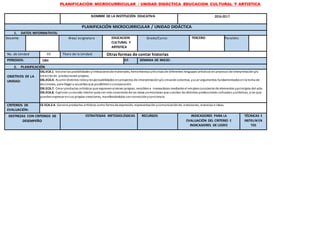 PLANIFICACIÓN MICROCURRICULAR / UNIDAD DIDÁCTICA EDUCACION CULTURAL Y ARTISTICA
NOMBRE DE LA INSTITUCIÓN EDUCATIVA 2016-2017
PLANIFICACIÓN MICROCURRICULAR / UNIDAD DIDÁCTICA
1. DATOS INFORMATIVOS:
Docente: Área/ asignatura EDUCACION
CULTURAL Y
ARTISTICA
Grado/Curso: TERCERO Paralelo:
No. de Unidad 03 Título de la Unidad: Otras formas de contar historias
PERIODOS: 18H 6S SEMANA DE INICIO:
2. PLANIFICACIÓN
OBJETIVOS DE LA
UNIDAD:
OG.ECA.1. Valorar las posibilidades ylimitacionesde materiales, herramientas ytécnicas de diferentes lenguajes artísticos en procesos de interpretacióny/o
creaciónde producciones propias.
OG.ECA.4. Asumir distintos rolesyresponsabilidades enproyectos de interpretacióny/o creacióncolectiva, yusar argumentos fundamentados enla toma de
decisiones, para llegar a acuerdos que posibilitensuconsecución.
OG.ECA.7. Crear productos artísticos que expresenvisiones propias, sensibles e innovadoras mediante el empleoconsciente de elementos yprincipios del arte.
OG.ECA.8. Explorar sumundo interior para ser más consciente de las ideas yemociones que suscitan las distintas producciones culturales yartísticas, ylas que
puedenexpresar ensus propias creaciones, manifestándolas conconvicciónyconciencia.
CRITERIOS DE
EVALUACIÓN:
CE.ECA.2.4. Genera productos artísticos como forma de expresión, representación ycomunicaciónde emociones, vivencias e ideas.
DESTREZAS CON CRITERIOS DE
DESEMPEÑO
ESTRATEGIAS METODOLÓGICAS RECURSOS INDICADORES PARA LA
EVALUACIÓN DEL CRITERIO E
INDICADORES DE LOGRO
TÉCNICAS E
INSTRUM EN
TOS
 
