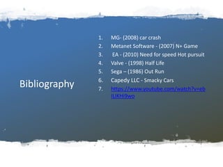 Bibliography
1. MG- (2008) car crash
2. Metanet Software - (2007) N+ Game
3. EA - (2010) Need for speed Hot pursuit
4. Valve - (1998) Half Life
5. Sega – (1986) Out Run
6. Capedy LLC - Smacky Cars
7. https://www.youtube.com/watch?v=eb
ILIKHi9wo
 