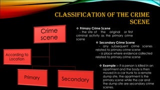 CLASSIFICATION OF THE CRIME
SCENE
❖ Primary Crime Scene
- the site of the original or first
criminal activity as the primary crime
scene
❖ Secondary Crime Scene
- any subsequent crime scenes
related to primary crime scene
- a place where evidence collected
related to primary crime scene
❖ Example :- if a person is killed in an
apartment and the body is then
moved in a car trunk to a remote
dump site, the apartment is the
primary scene while the car and
the dump site are secondary crime
scenes.
 