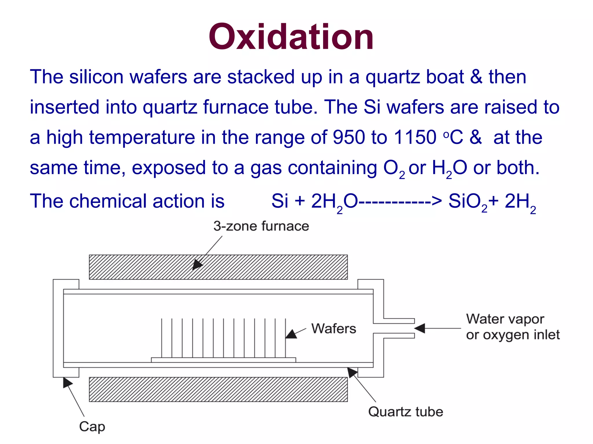 9
Oxidation
The silicon wafers are stacked up in a quartz boat & then
inserted into quartz furnace tube. The Si wafers are raised to
a high temperature in the range of 950 to 1150 o
C & at the
same time, exposed to a gas containing O2 or H2O or both.
The chemical action is Si + 2H2
O-----------> SiO2+ 2H2
 